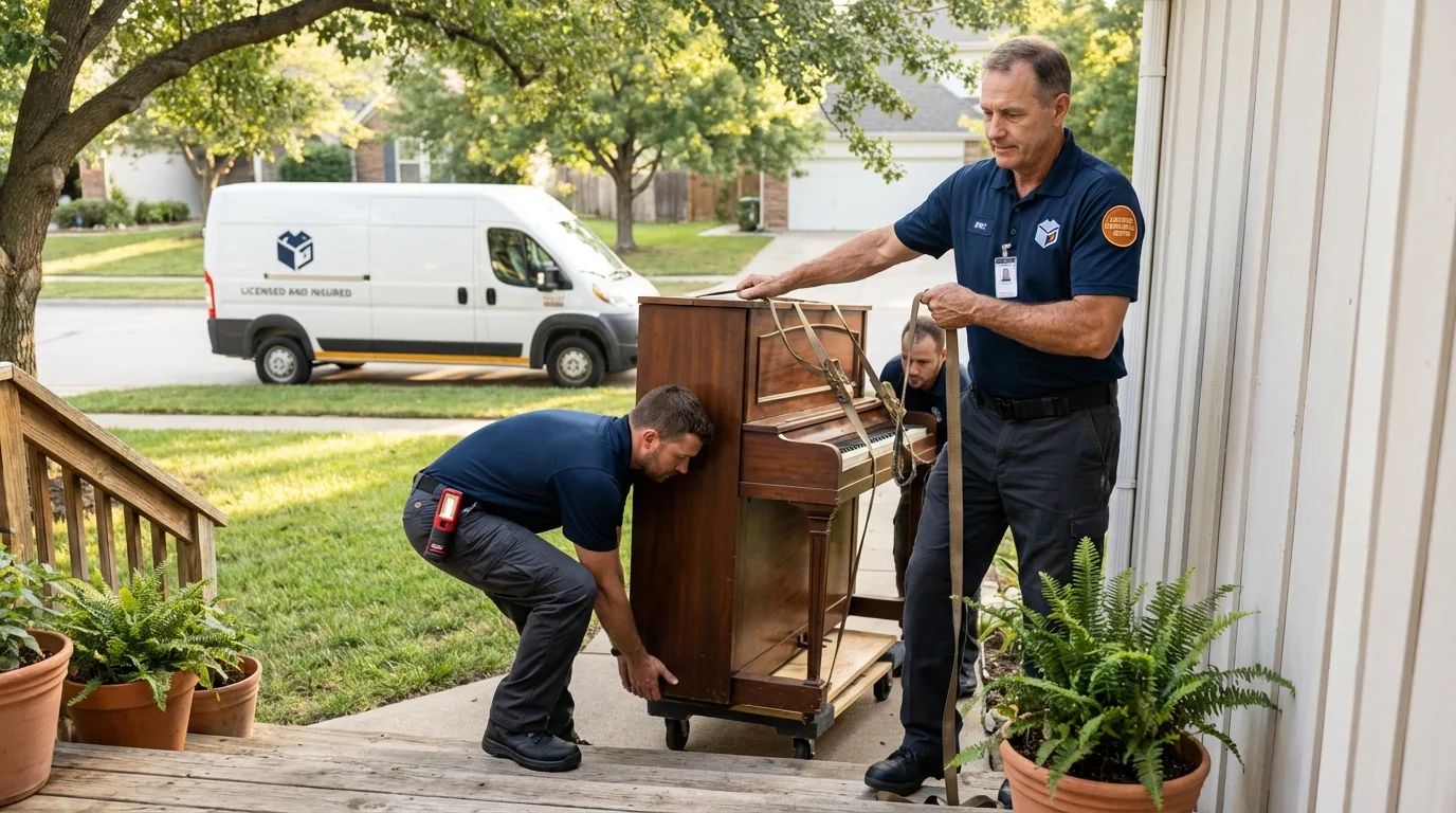 Licensed piano movers securing grand piano in Englewood Cliffs, NJ