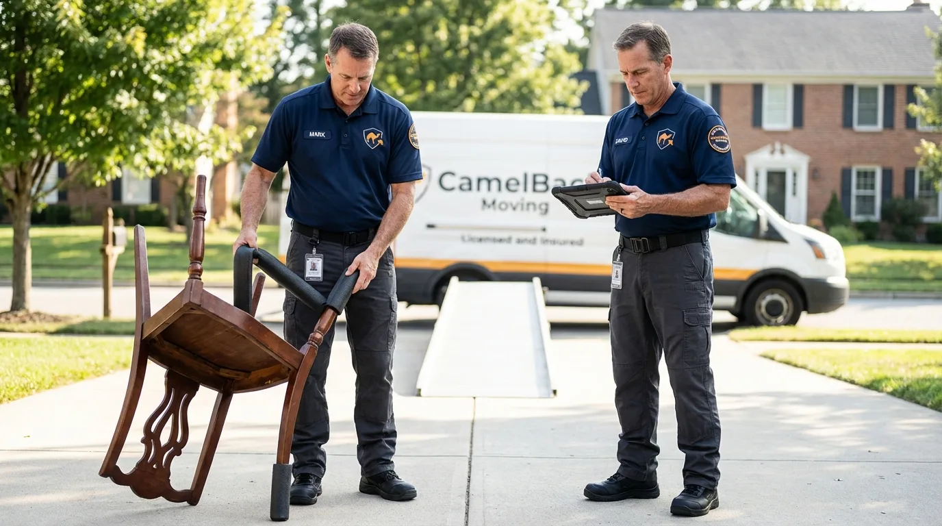 Movers inspecting furniture for damage prevention before loading in Englewood Cliffs, NJ