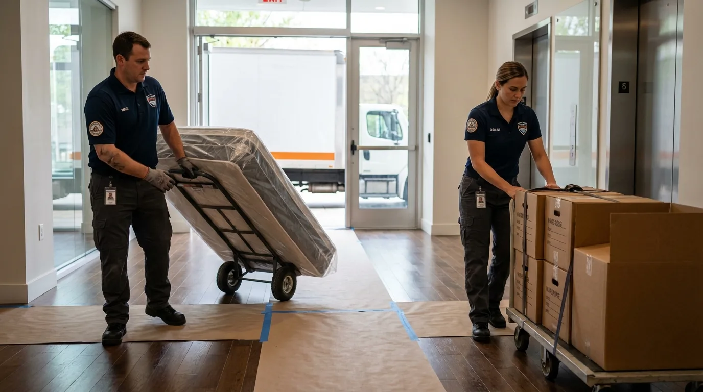 Professional apartment movers loading elevator in Englewood Cliffs, NJ