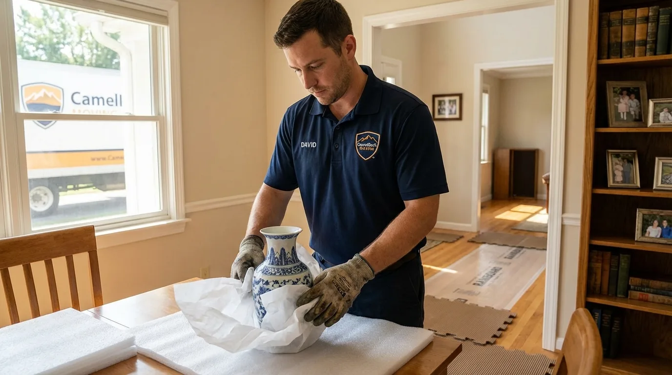 Professional crew carefully wrapping antique vase for senior downsizing move in Englewood Cliffs, NJ